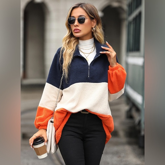 Color Block Quarter-Zip Teddy Pullover - Picture 1 of 4